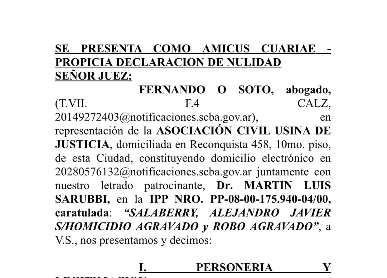 Usina de Justicia se presenta como Amicus Curiae en la causa “Salaberry, Alejandro Javier s/homicidio agravado y robo agravado”