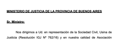 Presentación de UJ ante el Ministerio de Justicia de la Provincia de Buenos Aires