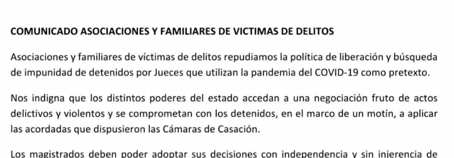 Comunicado de Asociaciones y Familiares de Víctimas de Delitos